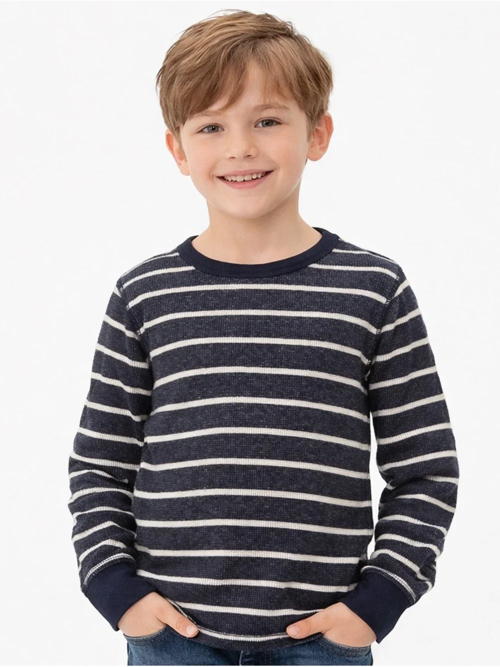 GAP Kids Boys 6-7 Navy White Striped Thermal‎ Waffle Knit Shirt EUC